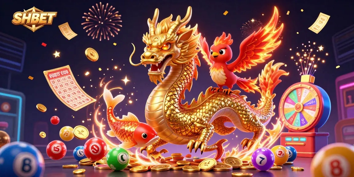 Experience thrilling gambling action at SHBET with a detailed 3D dragon, phoenix, and koi fish amidst vibrant games.