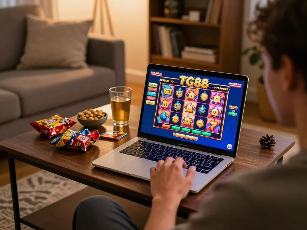 Player enjoying TG88 online casino slot games on a cozy living room laptop.