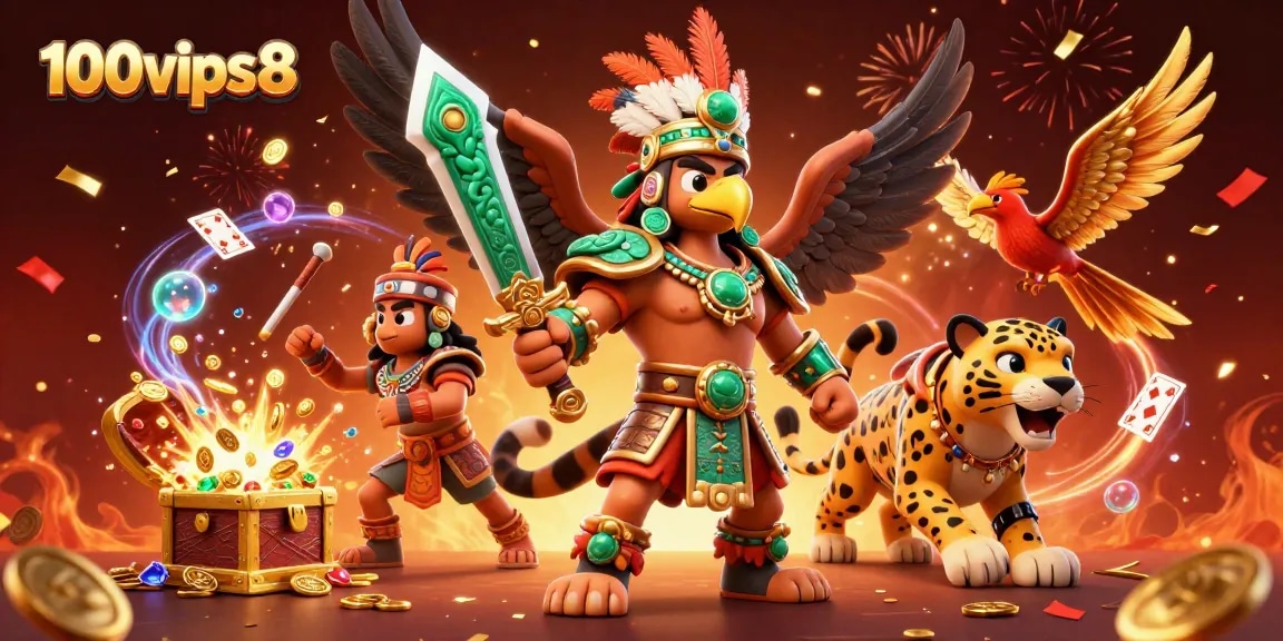 Bet gamely with 100vips8, showcasing an epic Aztec warrior scene filled with excitement and treasure.