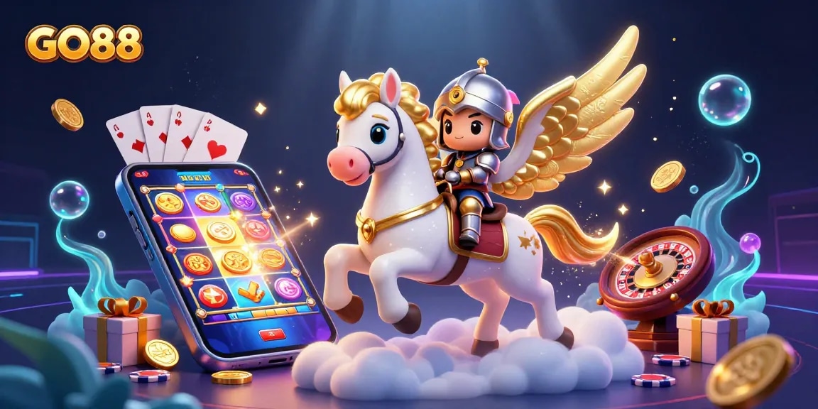 Experience GO88's thrilling gaming journey with a cartoon knight on a celestial horse amidst stunning casino elements.