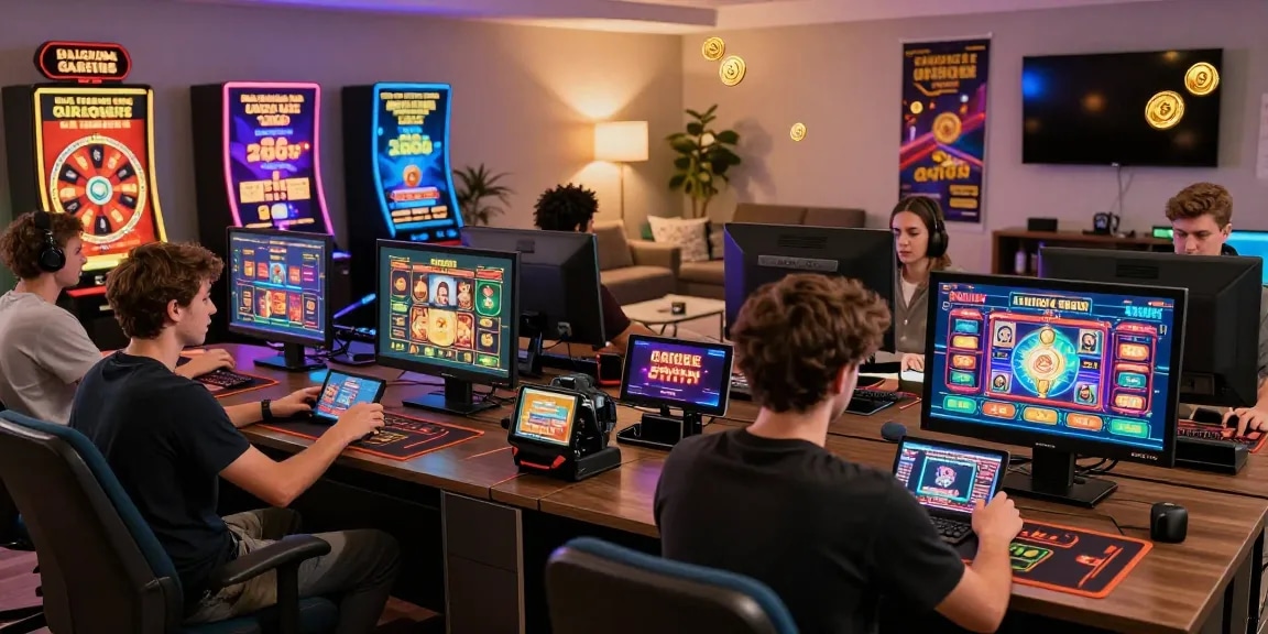 Players enjoying non UK licensed casinos in a lively gaming setup, using various devices with colorful game displays and promotions.