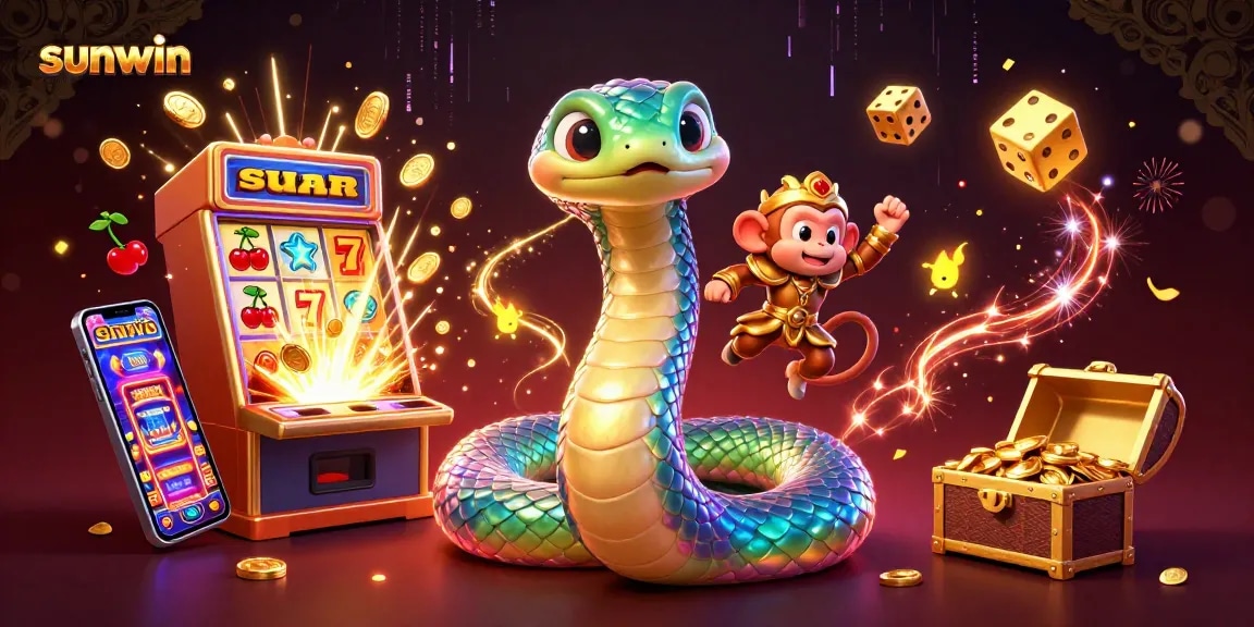 Experience sunwin's vibrant gaming atmosphere with dazzling visuals of the playful monkey king and rainbow serpent.