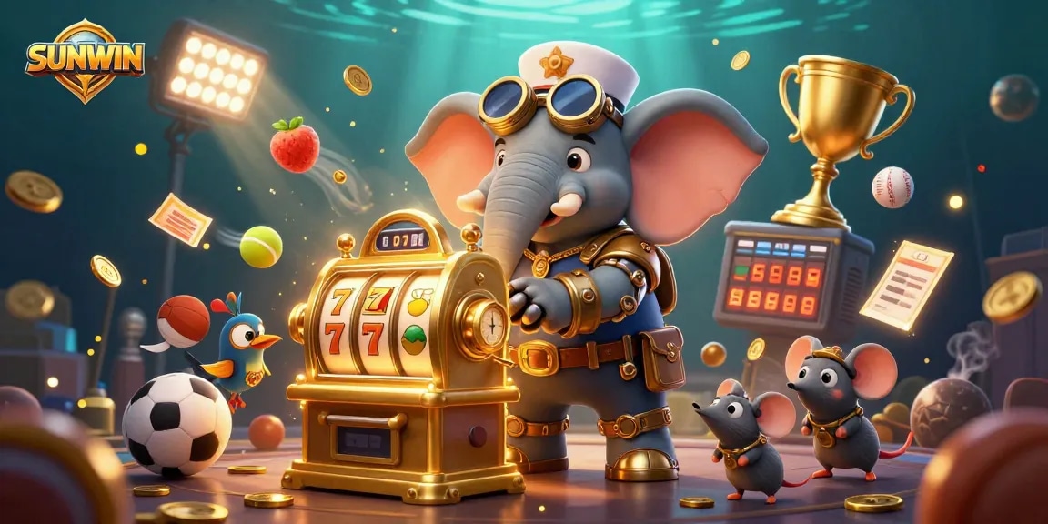 SUNWIN engages players with vibrant steampunk characters in an exciting slot machine scene.