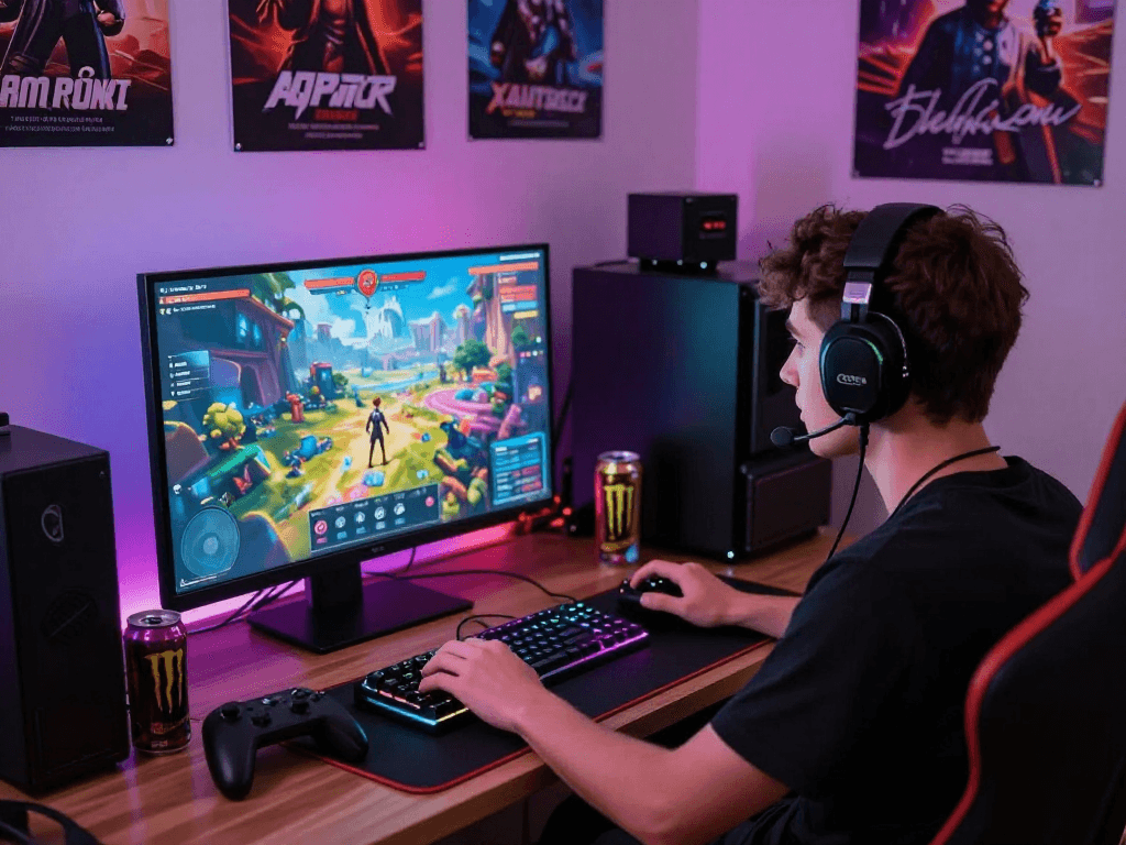 Engaging player immersed in AI porn games with vibrant visuals and gaming accessories in a cozy gaming nook.