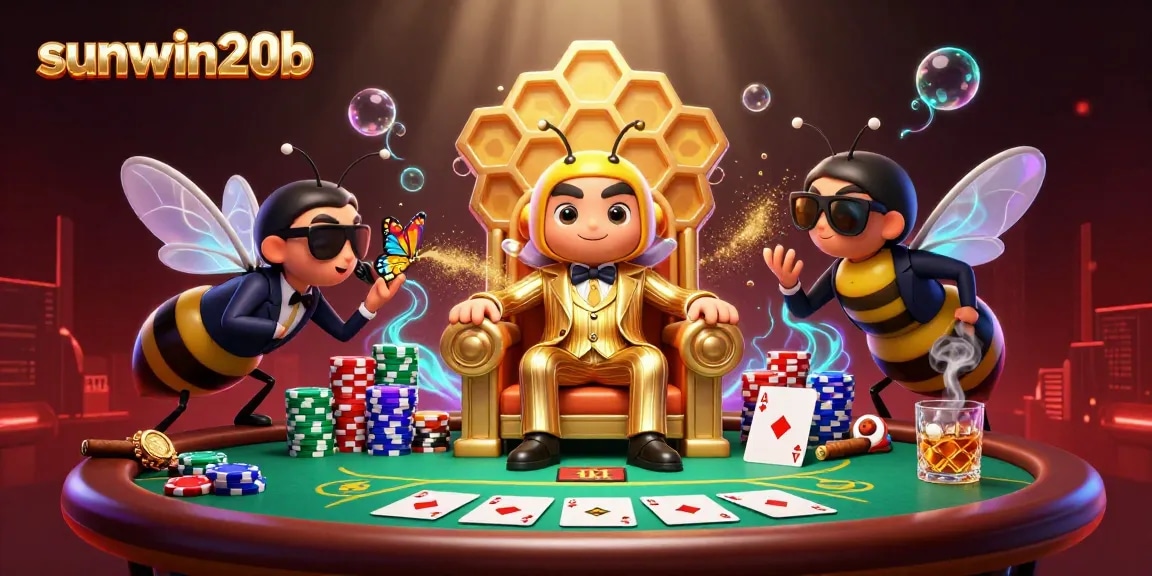 Engage in thrilling gameplay as sunwin20b showcases a vibrant casino scene with animated characters and poker elements.