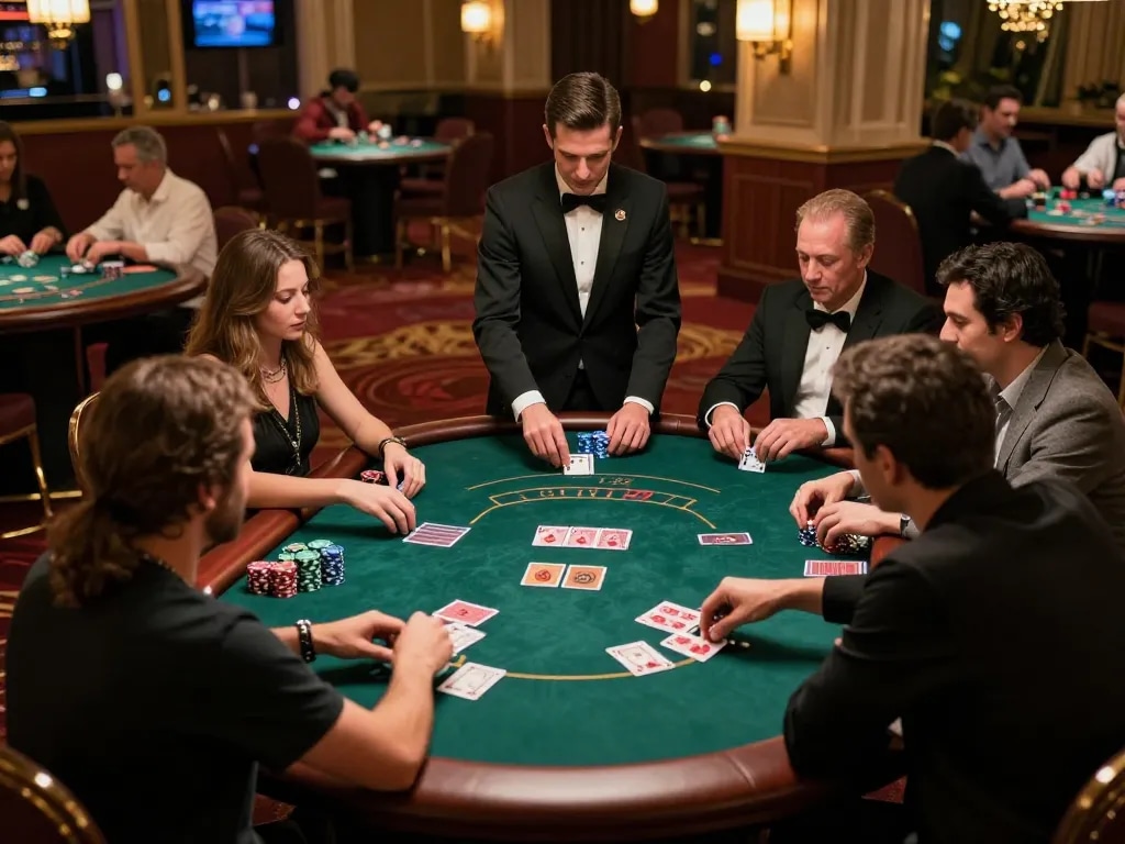 VT88 players engaged in a high-stakes poker game with dealer at an elegant casino table.