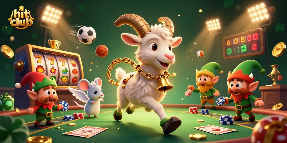 Experience the thrill at hit club, a vibrant casino scene with a Krampus goat and festive gaming chaos.