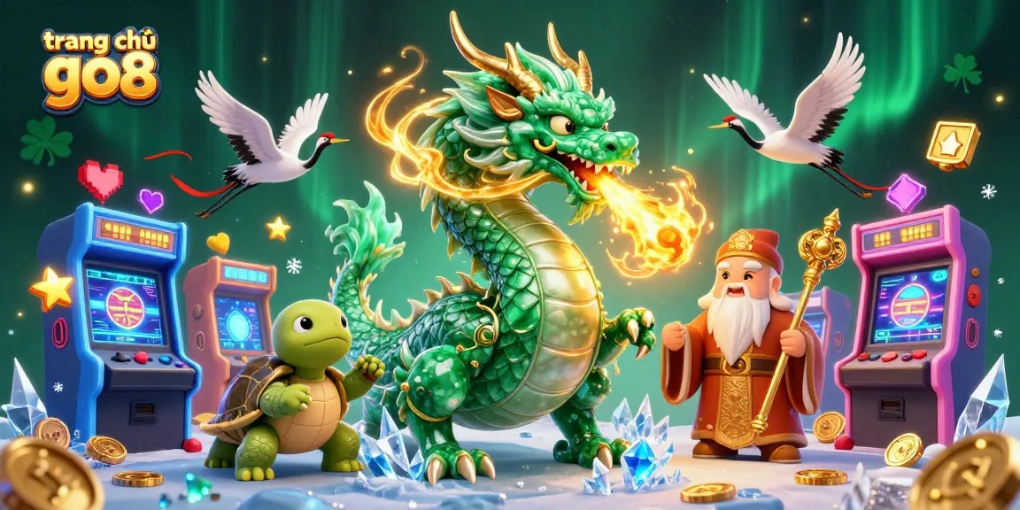 Win big on trang chủ go8 with an enchanting dragon, turtles, and cranes in a vibrant casino scene.