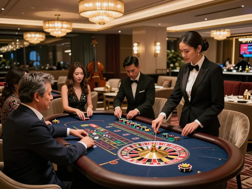 Tylekeo360 players enjoying roulette in a luxurious casino atmosphere.
