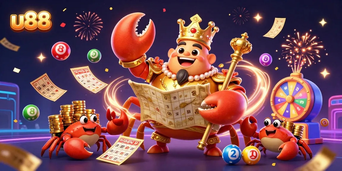 Experience thrilling gaming adventures with u88 featuring a golden crab emperor amidst lottery and casino elements.