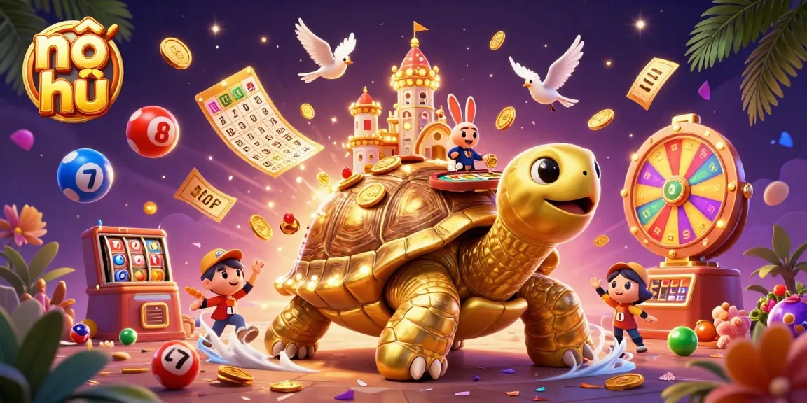 Win big with nổ hũ in a vibrant 3D casino scene featuring colorful lottery elements.