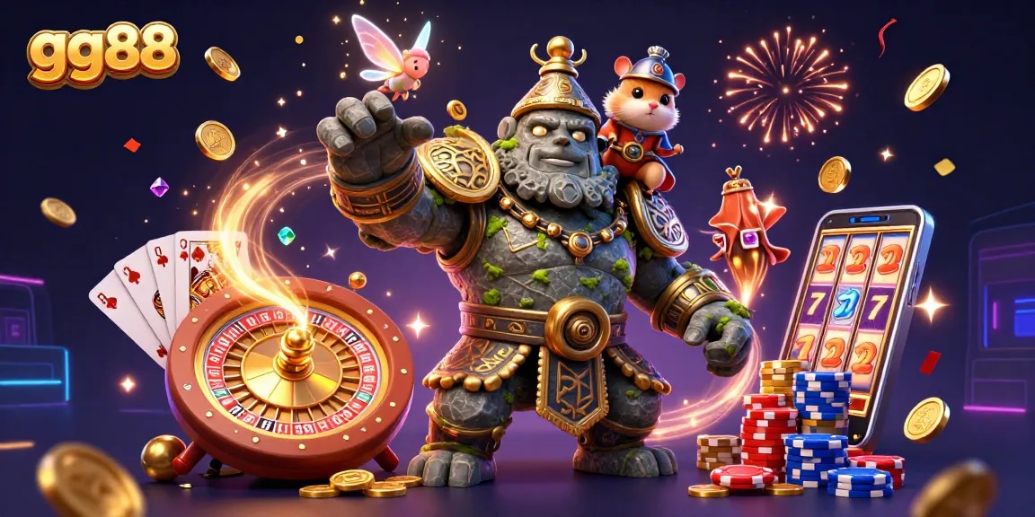 Spin and win at gg88 with the dazzling golem guardian and fairy magic in a vibrant casino scene.