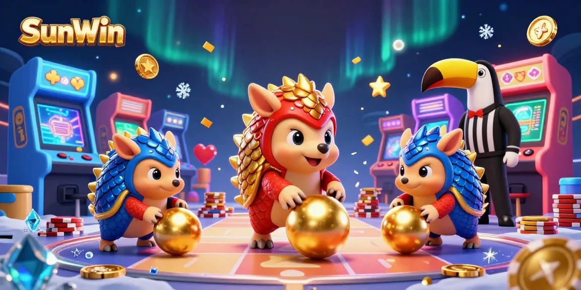 Celebrating big wins at SunWin with rival pangolins bowling through poker chips in a vibrant casino