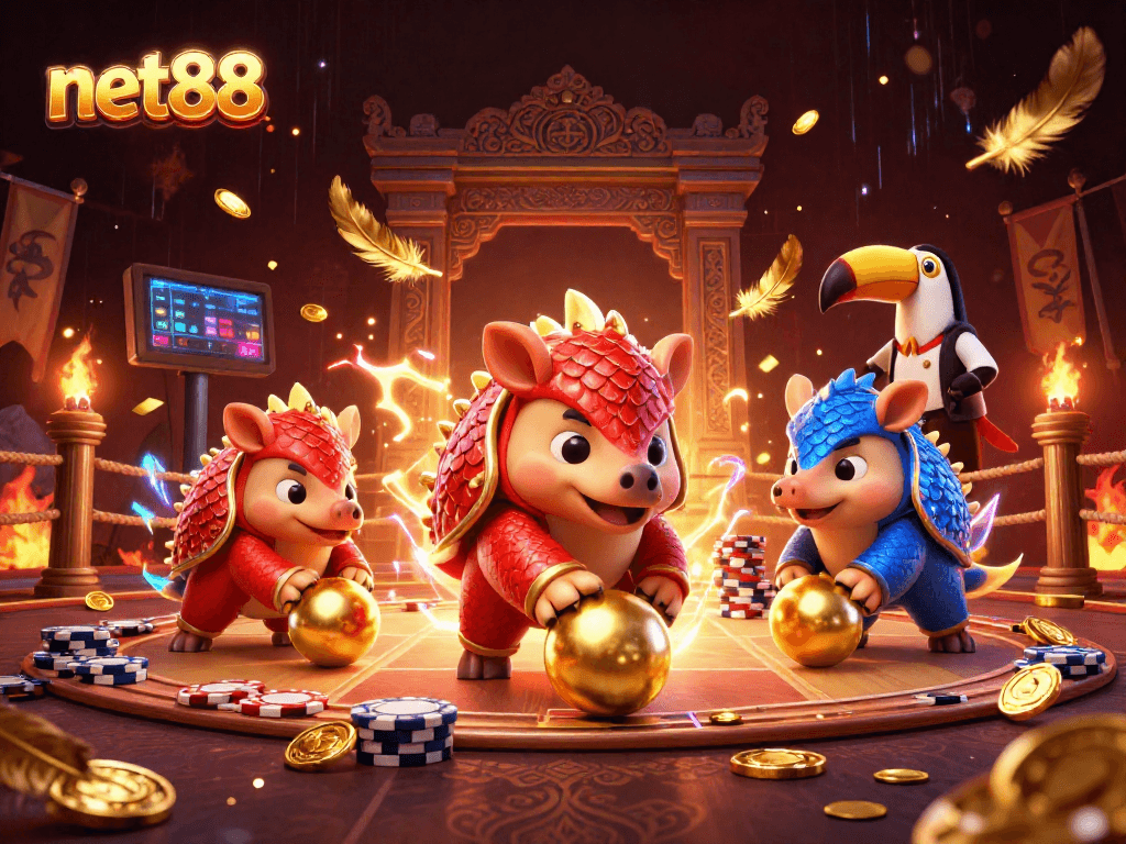 net88 showcases vibrant rival pangolins battling among poker chips in a dynamic casino scene