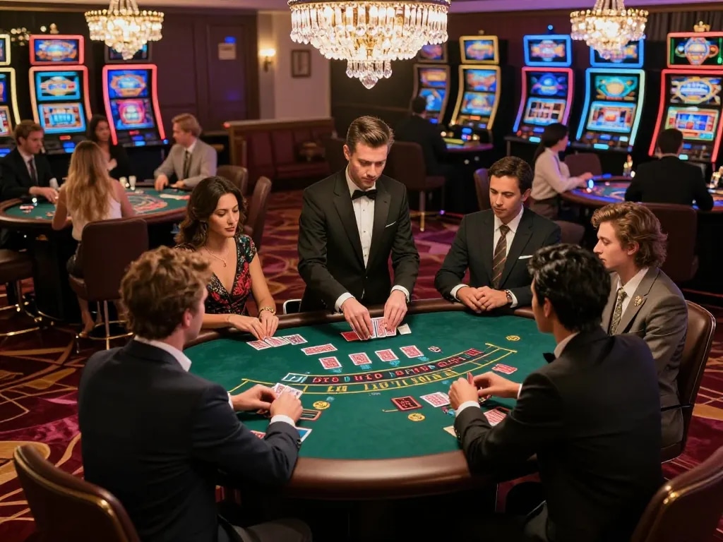 Players engaging in strategic gameplay at nhà cái lv88 blackjack table in an upscale casino environment