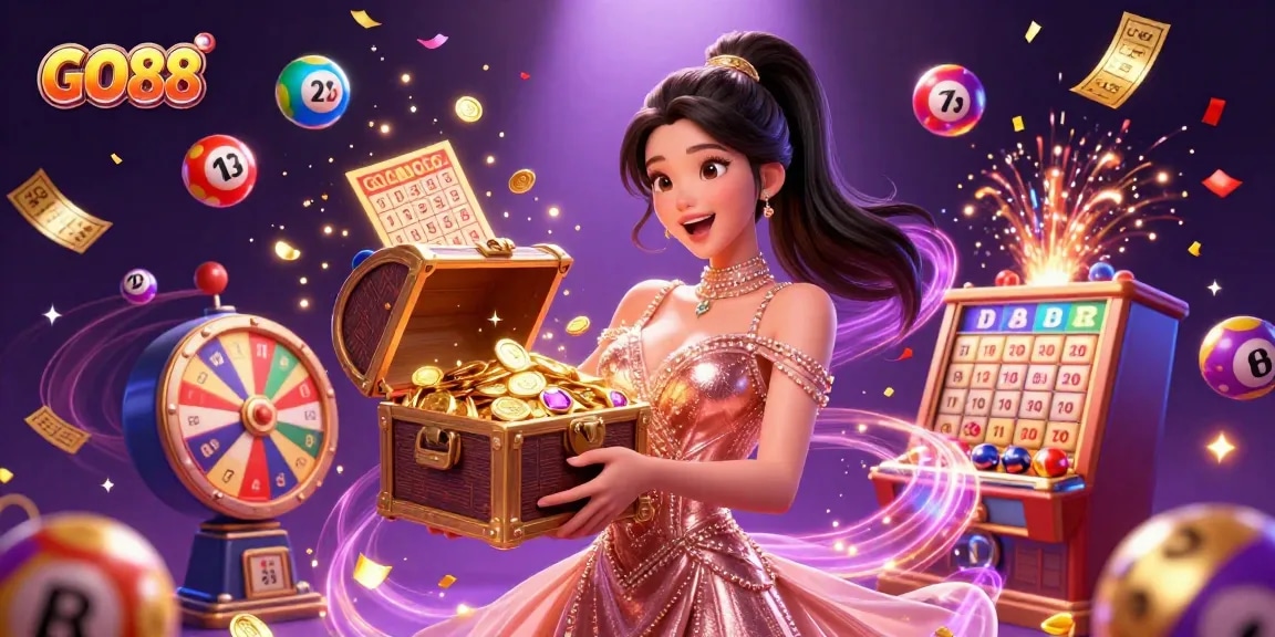 Engage in thrilling games at GO88 with gems and treasure illustrated in a vibrant casino setting.