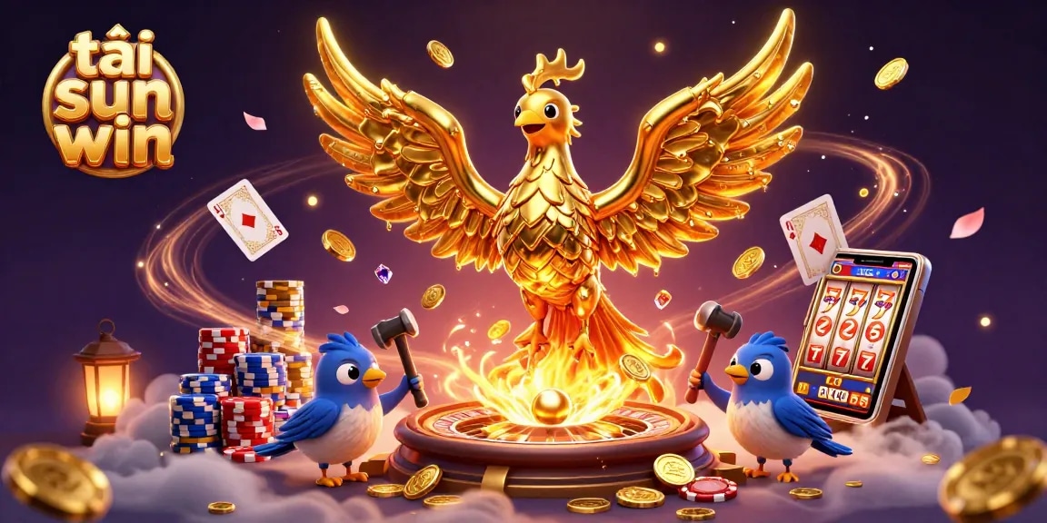 Promote tải sun win with a magical casino scene featuring golden phoenix, coins, and vibrant game elements