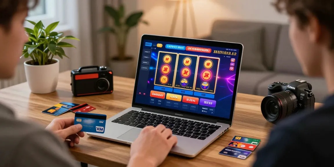Engaged player using casinos accepting credit cards at home setup with laptop and game interface.