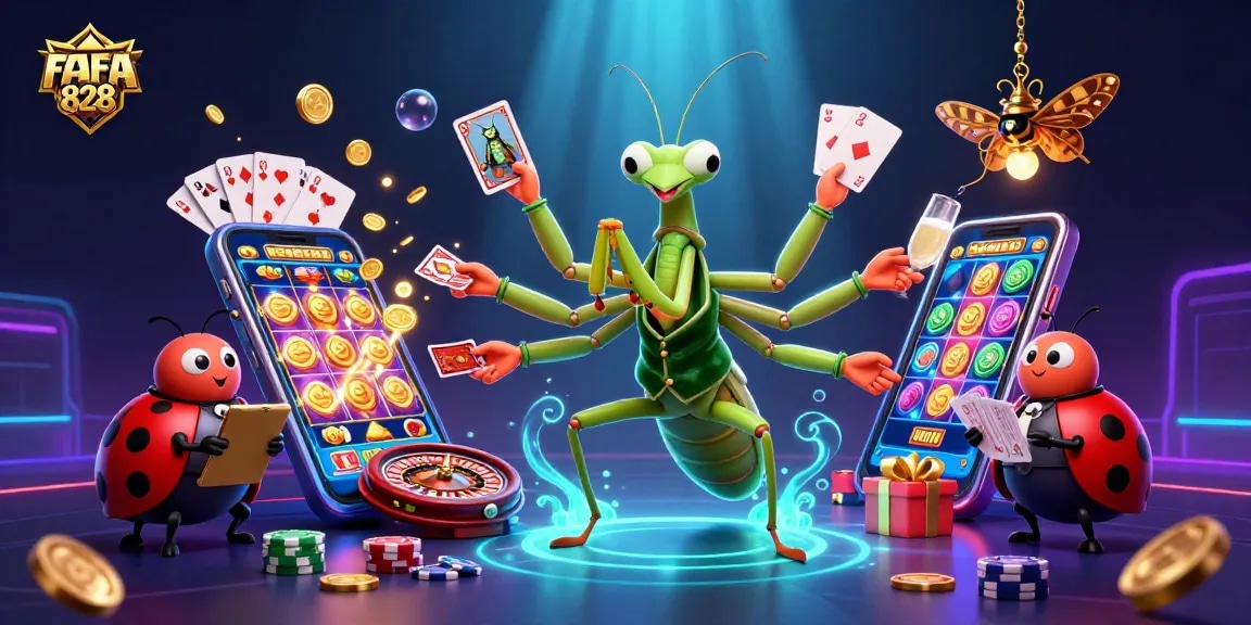 FAFA828 features a giant praying mantis and ladybug in a vibrant casino scene, showcasing thrill and excitement.