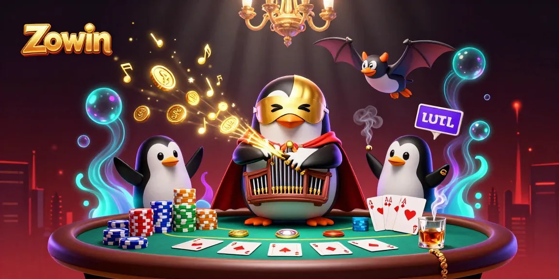Zowin offers thrilling gameplay with a 3D penguin playing music while golden coins rain down in an animated scene.