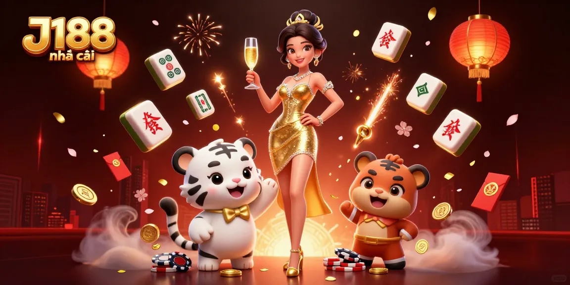 Experience thrilling wins at J188 nhà cái with a chic woman and a lucky tiger amid vibrant casino symbols.