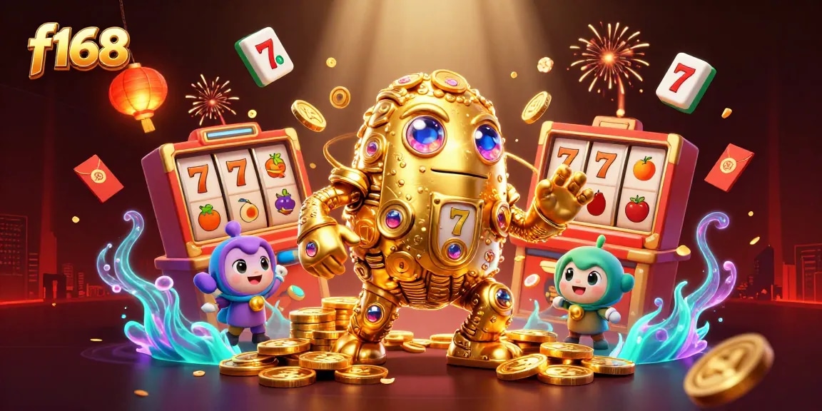 Experience thrilling wins at f168 with a vibrant scene of a golden golem and slot symbols.