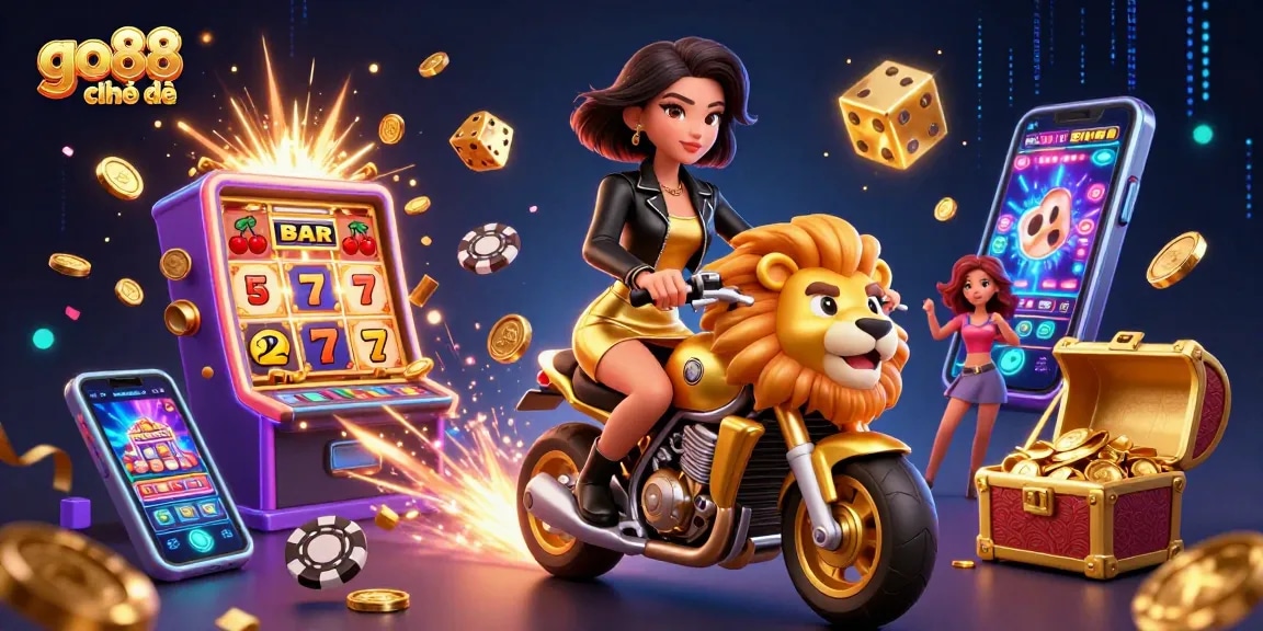 Experience go88 chính thức with a glamorous Asian woman riding a golden lion mascot in a dynamic casino scene.