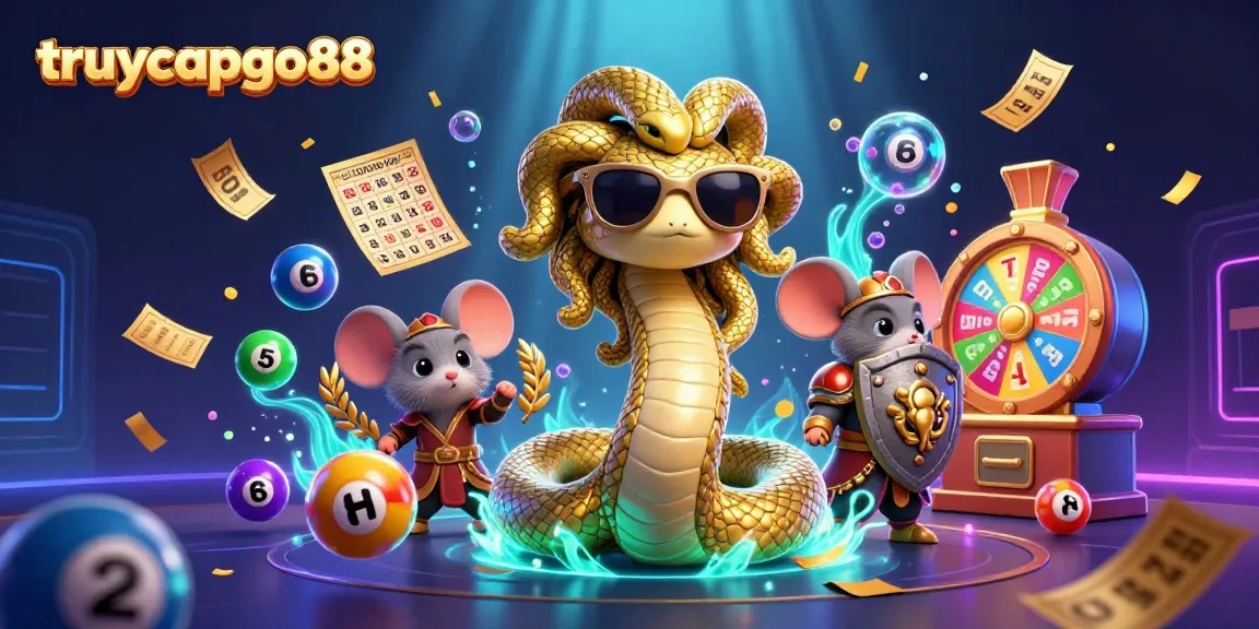Engage with the thrilling world of truycapgo88 as Medusa and a warrior mouse celebrate with colorful lottery elements.