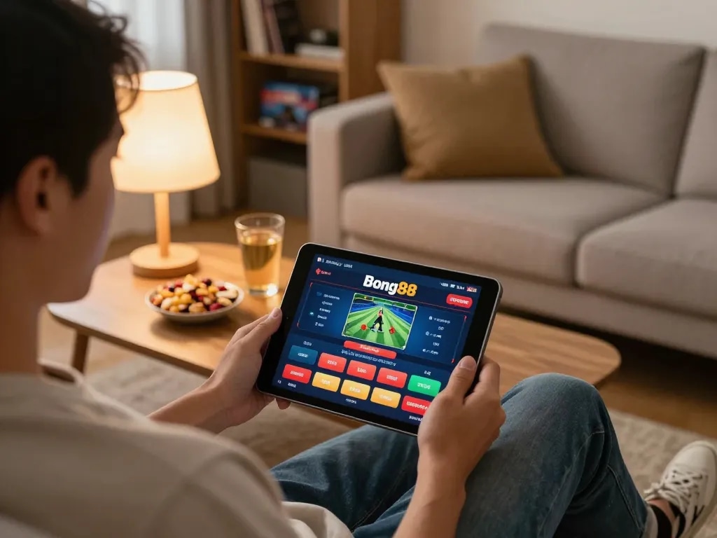 Bong88 user engaging in sports betting on a tablet, showcasing online gambling experience.