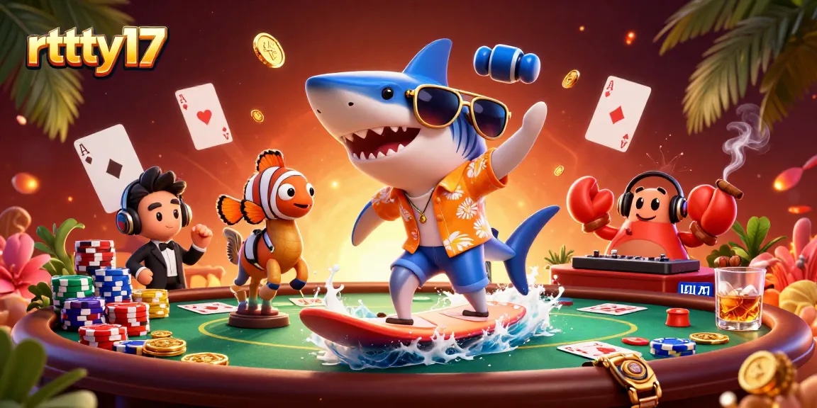 Experience rttty17's thrilling gaming atmosphere with vibrant characters amidst poker chips and gold coins.