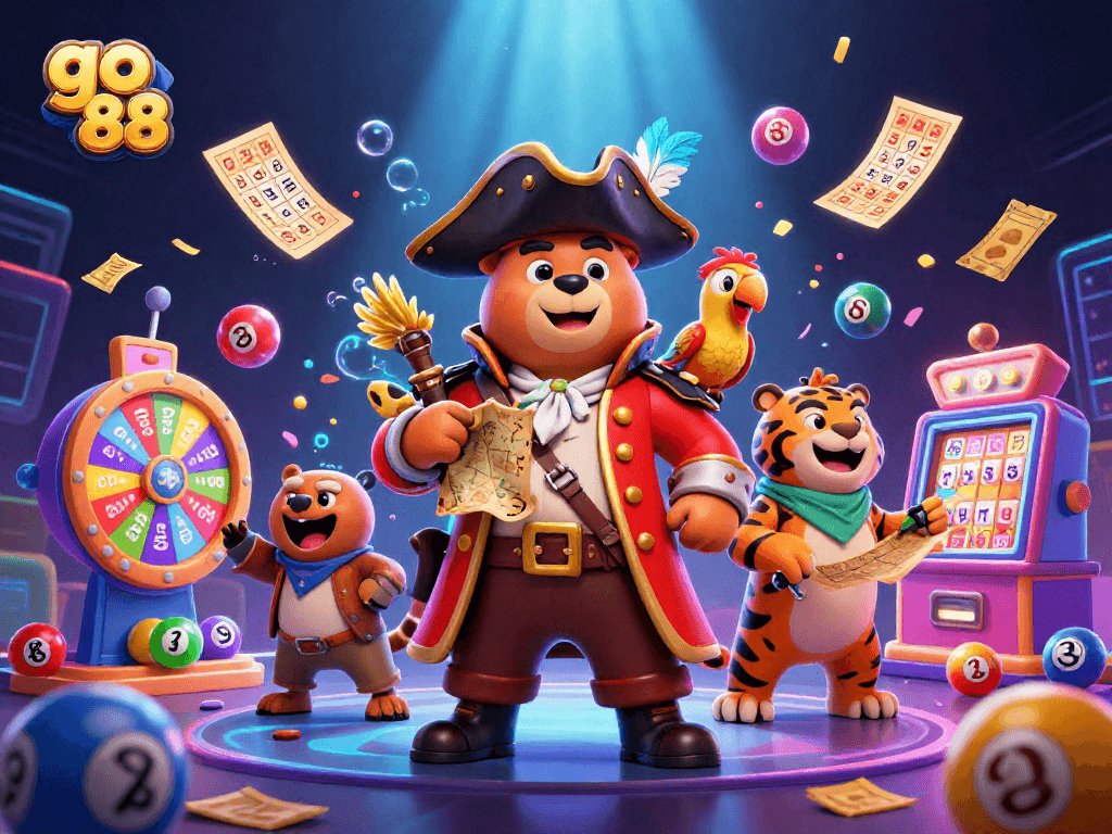 Play thrilling lottery games with go 88, featuring a pirate captain bear, colorful balls, and a vibrant scene.