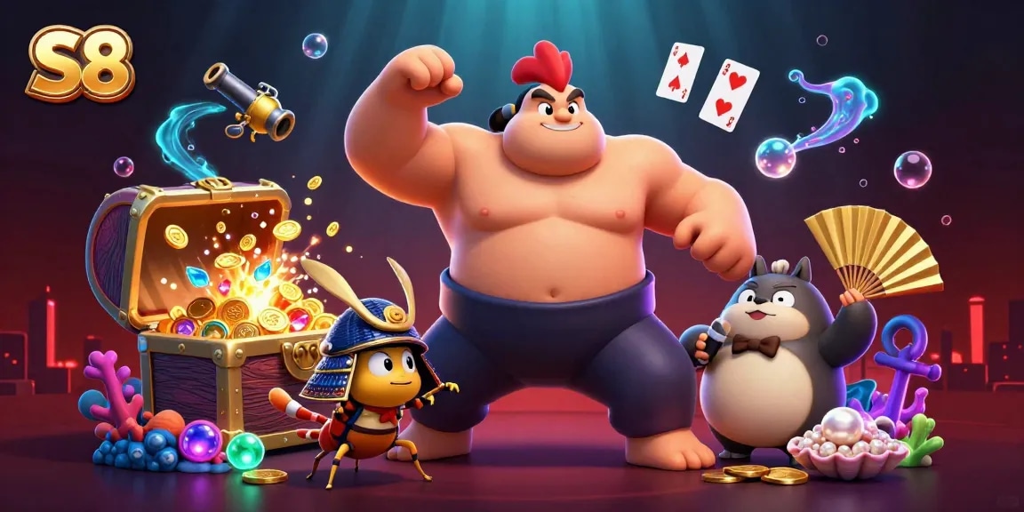 S8 casino scene with a sumo wrestler, samurai cricket, and tanuki amid underwater treasures.