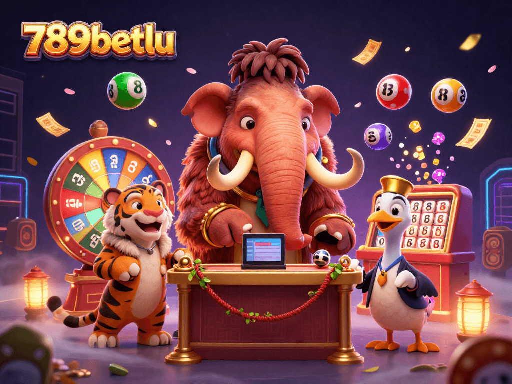 Check IDs at the entrance for 789betlu with colorful lottery elements and casino characters in action.