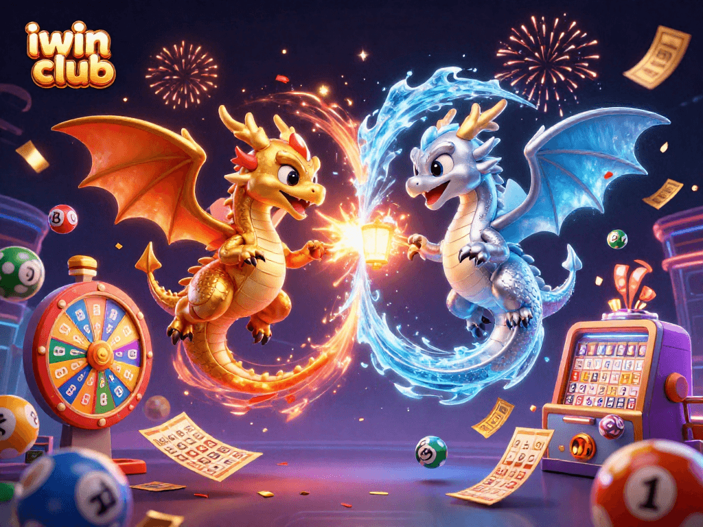 Win big with iwin club in this vibrant 3D illustration of dragons and casino elements.