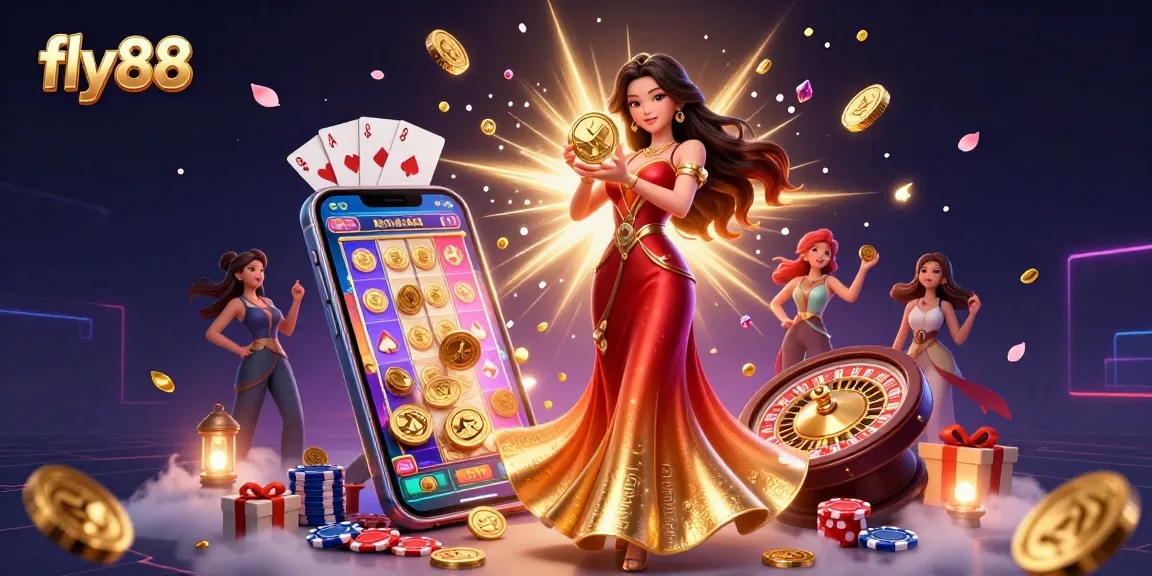 Experience thrilling play at fly88 with a stunning Asian woman holding a golden coin amidst vibrant casino elements.
