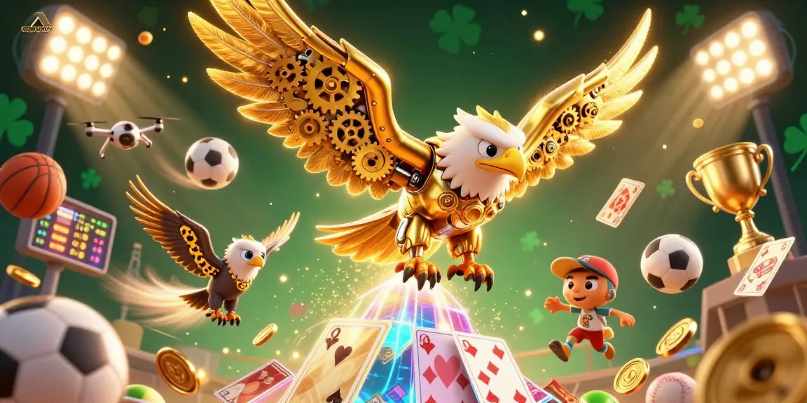 SUNWIN showcases a dynamic 3D casino scene featuring a cybernetic eagle surrounded by sports elements like basketballs and glowing trophies.
