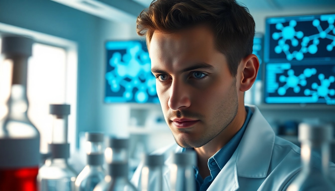 Scientist analyzing peptides in a UK lab environment with high-tech equipment.