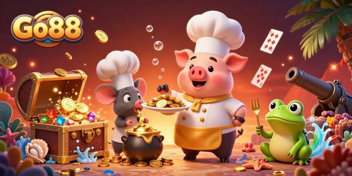 Experience the thrill of playing Go88 with vibrant 3D characters amidst a treasure-filled casino environment.