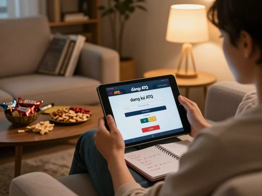 Engaging in online gambling strategy while đăng ký ATQ on a tablet in a cozy home setting.