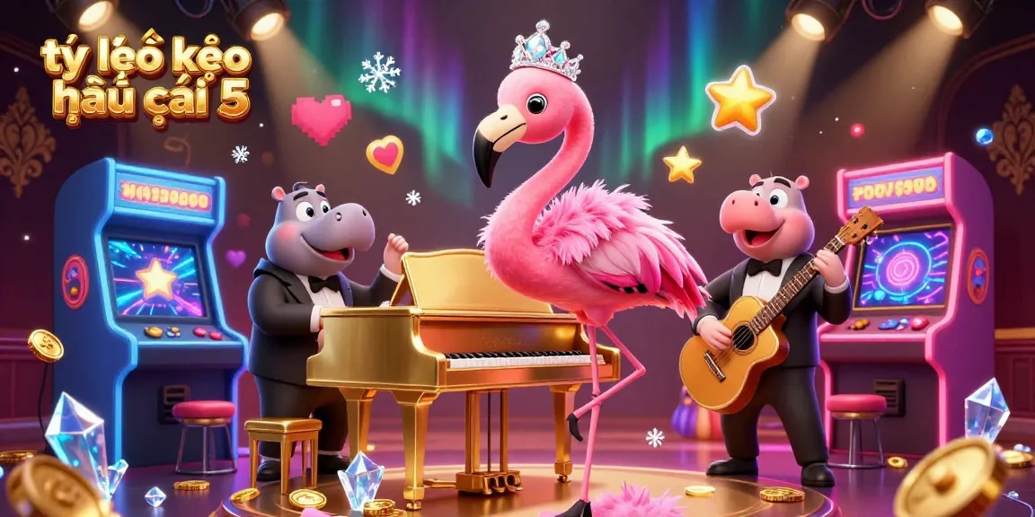 Engaging illustration of tỷ lệ kèo nhà cái 5 showcasing a flamingo singer and hippo bassist in a lively casino scene.