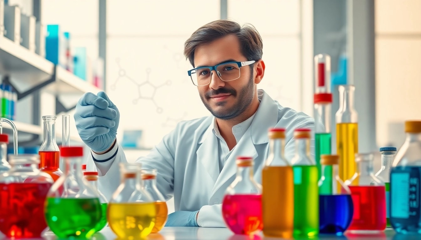 Illustration of peptides UK in a laboratory setting showcasing vibrant research processes.