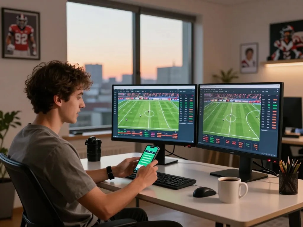 Engaging web cá độ bóng đá experience with live betting displays and sports decor in a vibrant home office