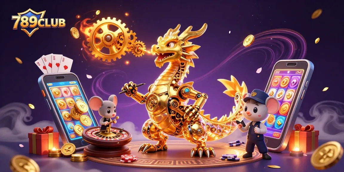 Experience the excitement of 789CLUB with a vibrant 3D casino scene filled with games and treasures.