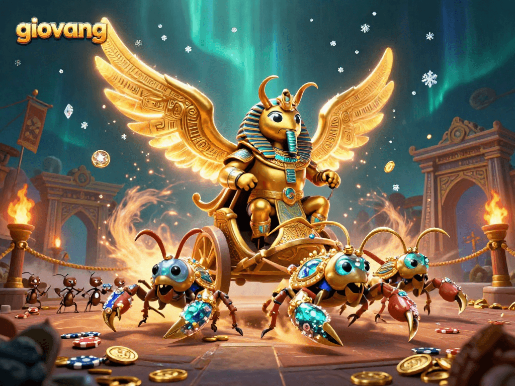 Bet on giovang with a majestic golden scarab beetle surrounded by rich gambling elements.