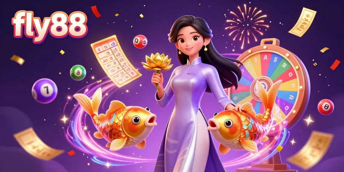 Experience thrilling gaming action with fly88 as vibrant lottery elements and characters create excitement.
