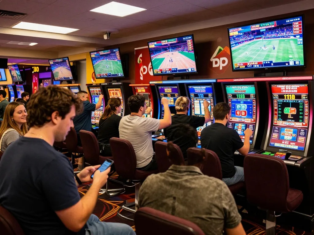 Engaged bettors celebrating a win at the de bet sports betting section of a vibrant casino.