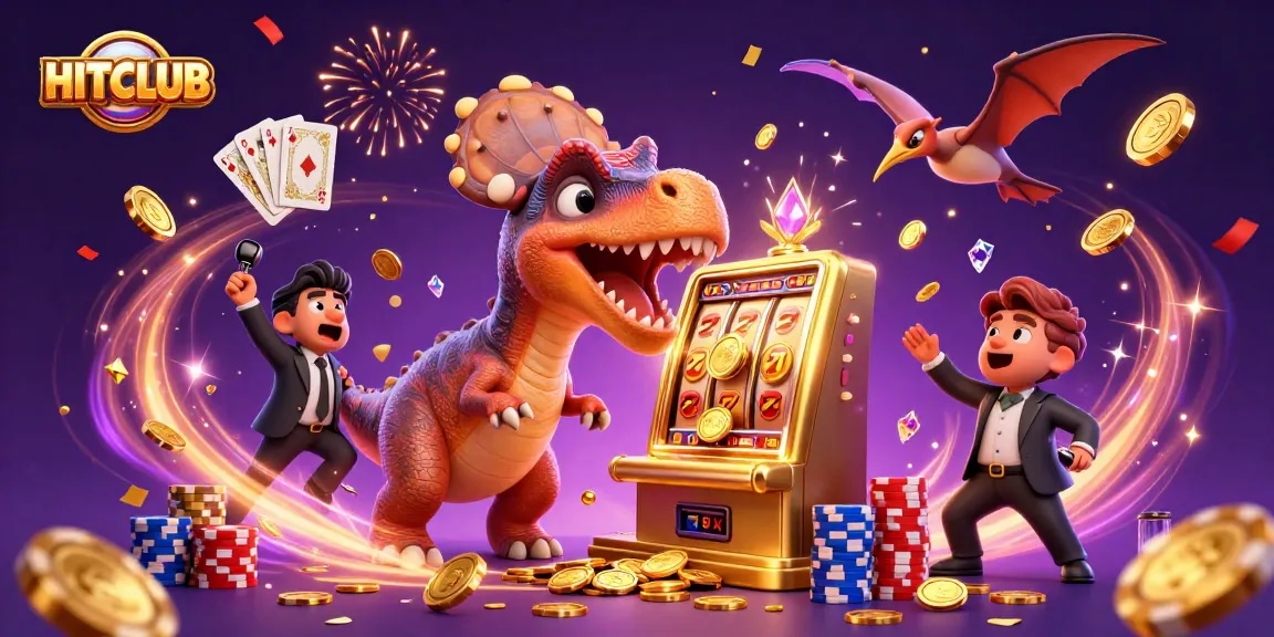 HITCLUB players enjoying exciting wins with cartoon dinosaurs and slot machines in a vibrant casino atmosphere.