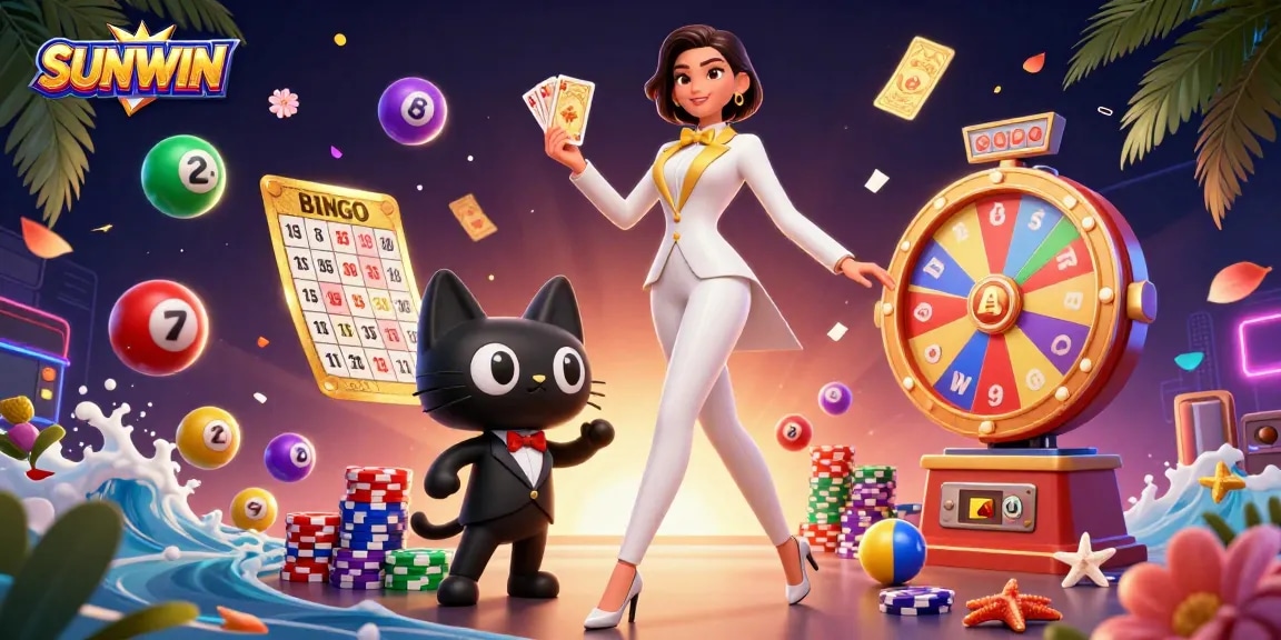 SUNWIN gaming platform showcases a glamorous woman and a playful cat amidst vibrant casino elements.