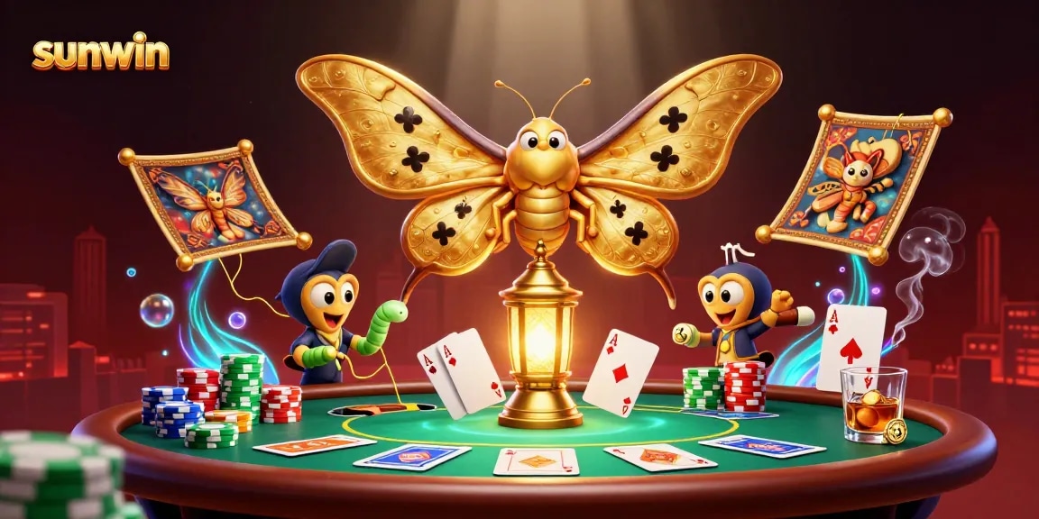 Play and win with sunwin as cartoon moths illuminate vibrant casino scenes filled with poker action.