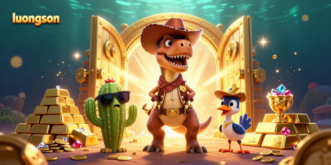 Experience luongson gaming vibes with a vibrant 3D scene featuring a dinosaur and treasures.